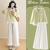 裤 蕾丝花边领拼接减龄衬衫 子两件套 春秋孕期穿搭2026新款 孕妇套装