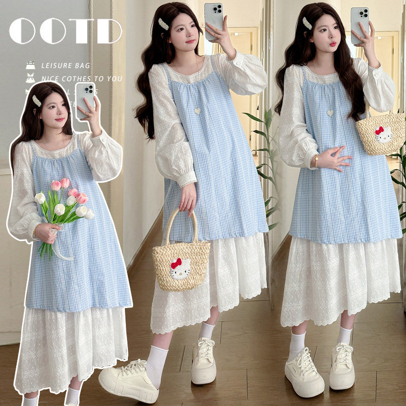 孕妇套装春秋2026新款法式甜美温柔假两件蕾丝拼接连衣裙百搭外穿