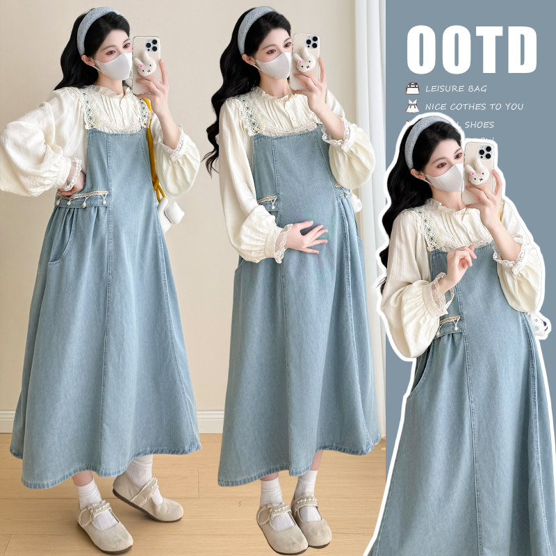 孕妇连衣裙套装春秋2026新款法式蕾丝拼接背带裙牛仔裙减龄甜美风,孕妇装/孕产妇用品/营养,连衣裙,淘宝优惠券,粉丝福利购,淘宝优惠卷