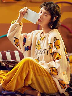 珊瑚绒睡衣女加厚秋冬加绒女士套装法兰绒韩版可爱套装简约家居服