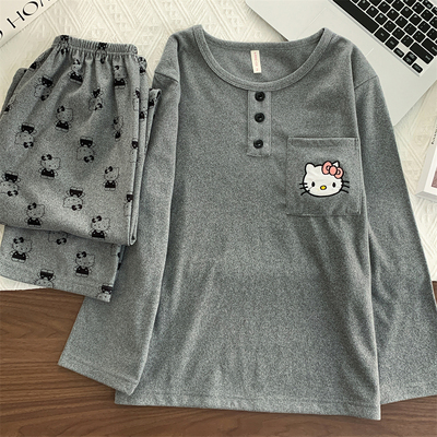 德绒睡衣女款秋冬季加绒加厚保暖长袖helloKitty可外穿家居服套装