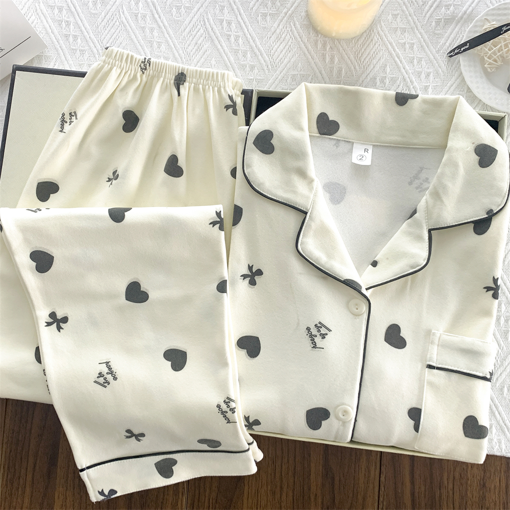 德绒睡衣女加绒加厚保暖桃心简约刺绣口袋秋冬季韩版可外穿家居服