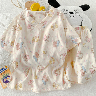 夏季 夏天学生宽松大码 可爱卡通短袖 套装 家居服 短裤 云朵棉睡衣女款