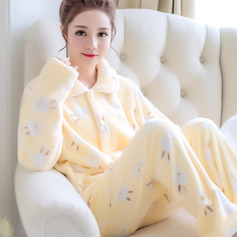 珊瑚绒加厚秋冬保暖有口袋睡衣