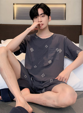 男士睡衣短袖套装纯棉夏季简约