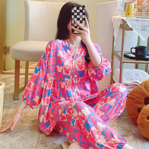 高档棉绸睡衣女春秋夏季甜美薄款七分袖时尚宽松加大码家居服套装