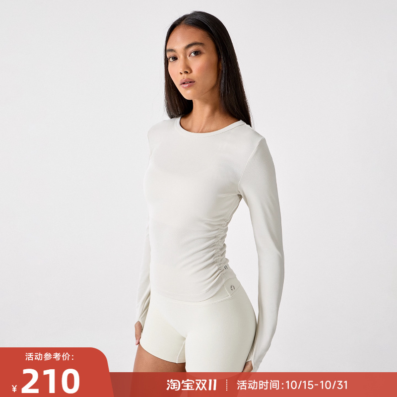 RESHAPE/重塑之路 砂洗圆领缩皱莫代尔打底衫运动长袖SideRuched