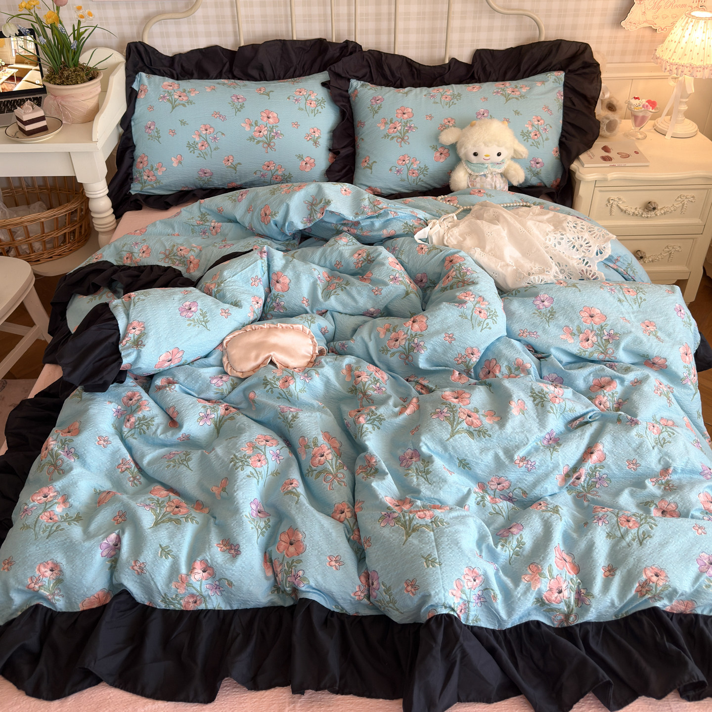 A类超柔少女紫色波点皱皱纱花边床上四件套被套宿舍三件套床裙款