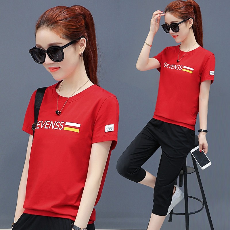 纯棉运动套装女夏2020新款全棉动衣服跑步服短款女土休闲两件套潮