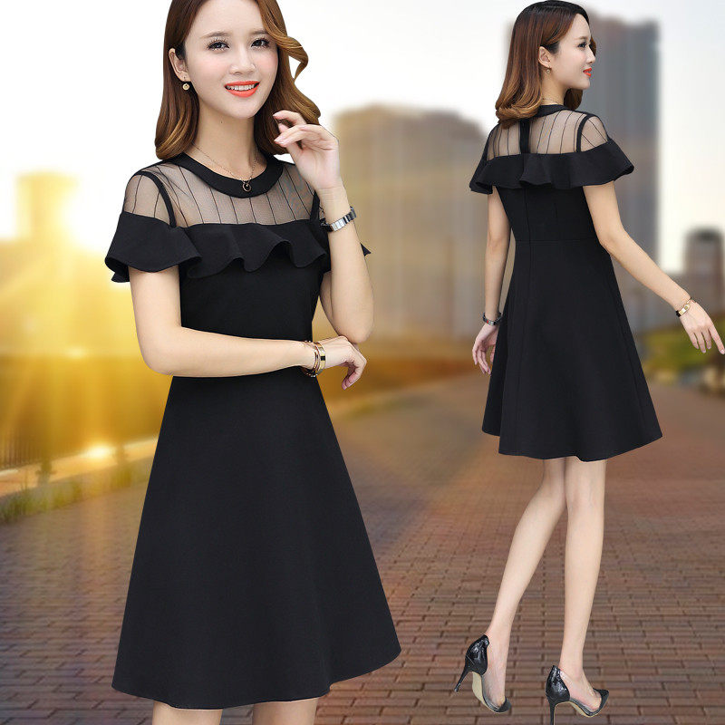 黑色连衣裙女短袖2020夏装新款中长裙透视网纱蕾丝高腰荷叶袖裙子