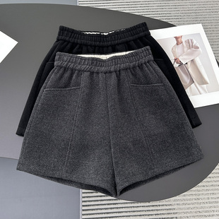 黑色打底A字阔腿裤 高腰毛呢短裤 子高腰显瘦休闲裤 外穿裤 女秋冬季