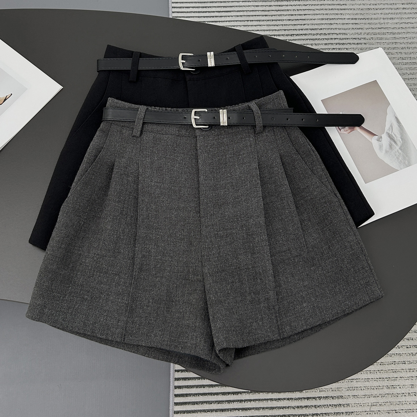 灰色毛呢短裤女高腰显瘦阔腿裤子