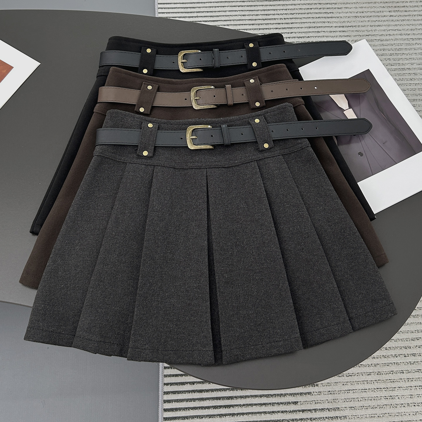 腰带毛呢百褶裙半身裙女