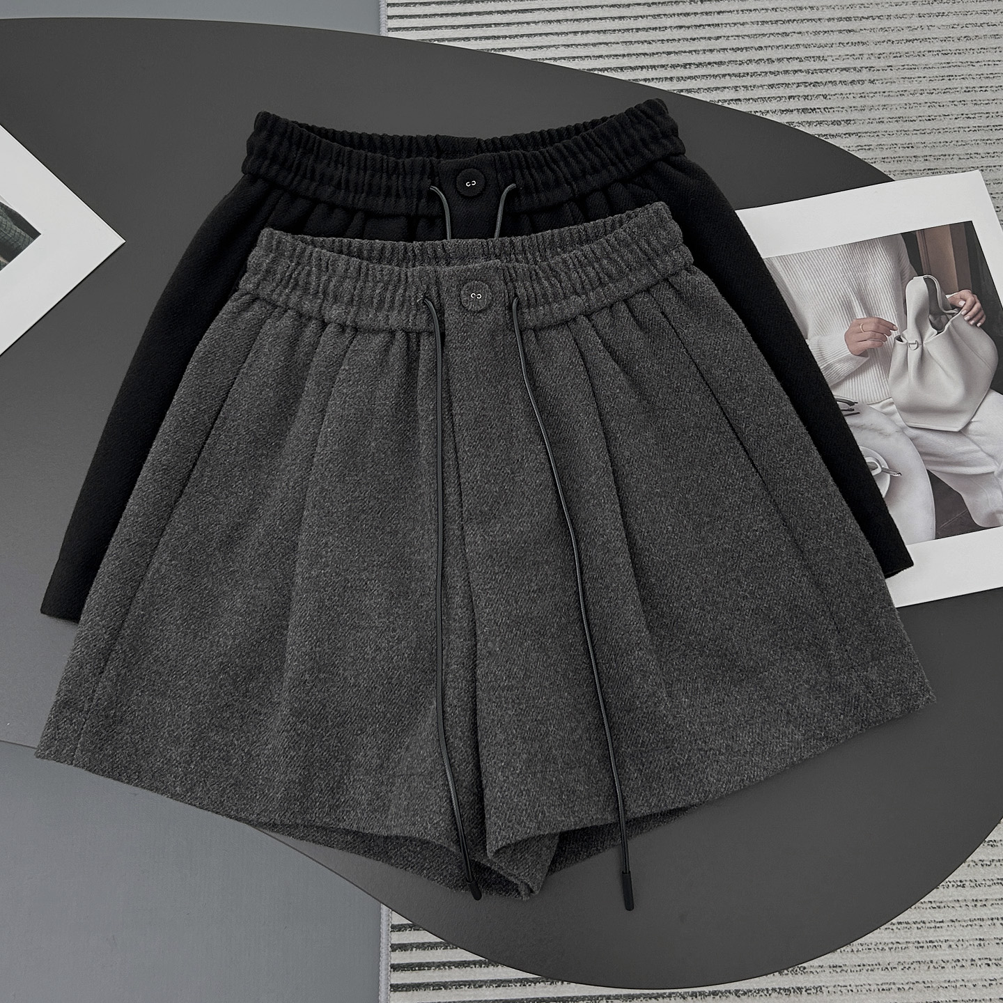 抽绳松紧腰毛呢短裤女秋冬季