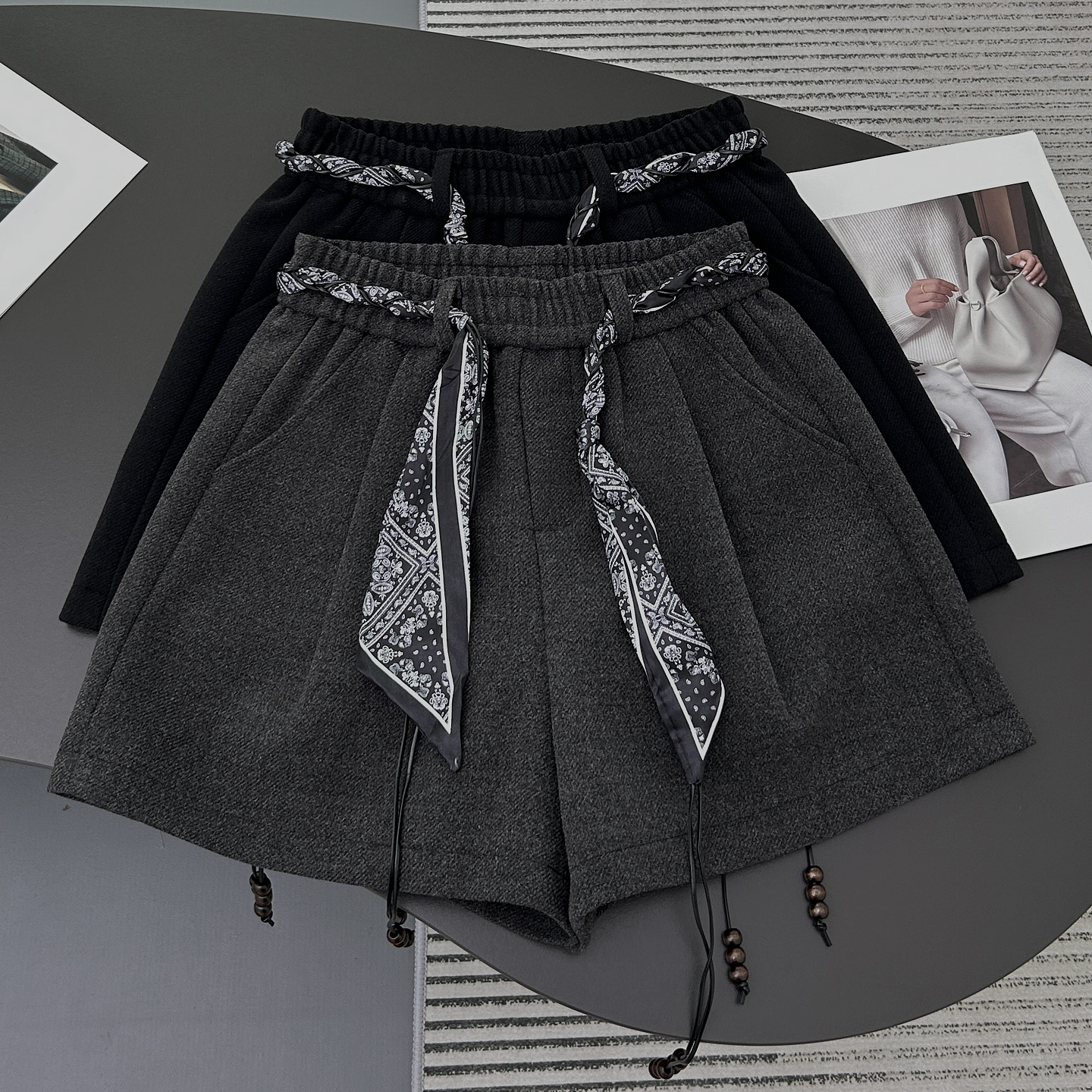 丝巾腰带松紧腰毛呢短裤女