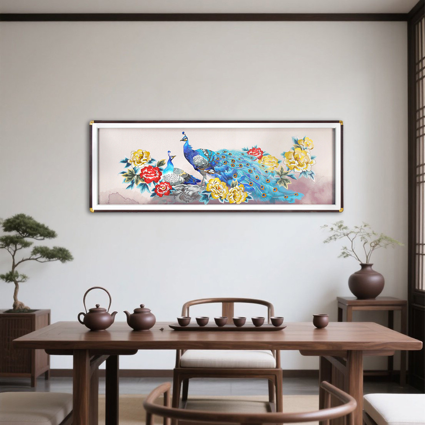 花开富贵茶室挂画温馨高级感孔雀壁画轻奢非遗苏绣装饰画牡丹国画