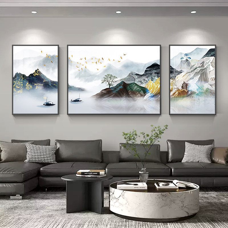 简约大气客厅装饰画沙发背景墙三联画中式山水画壁画高档墙上挂画