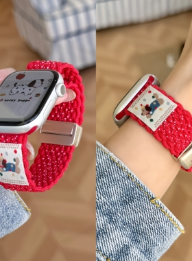 适用苹果watch手表表带新年款红色波点s11编织运动49mm腕带S10卡通S9弹力pplewatch9/8/7/6/se2替换带ultra2