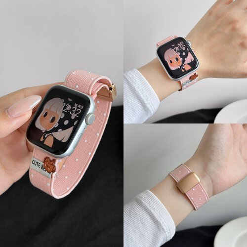 适用苹果s11手表se3波点小熊弹力尼龙磁吸表带applewatchs10表带iwatchs9高级s8女款运动腕带ultra3透气腕带