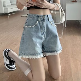 子 设计感蕾丝花边高腰牛仔短裤 女夏薄款 大码 胖mm辣妹宽松阔腿热裤
