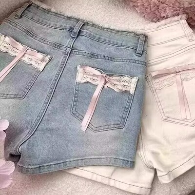 蕾丝蝴蝶结丰胯牛仔短裤女大码胖mm夏季撞色高腰显瘦减龄a字短裤