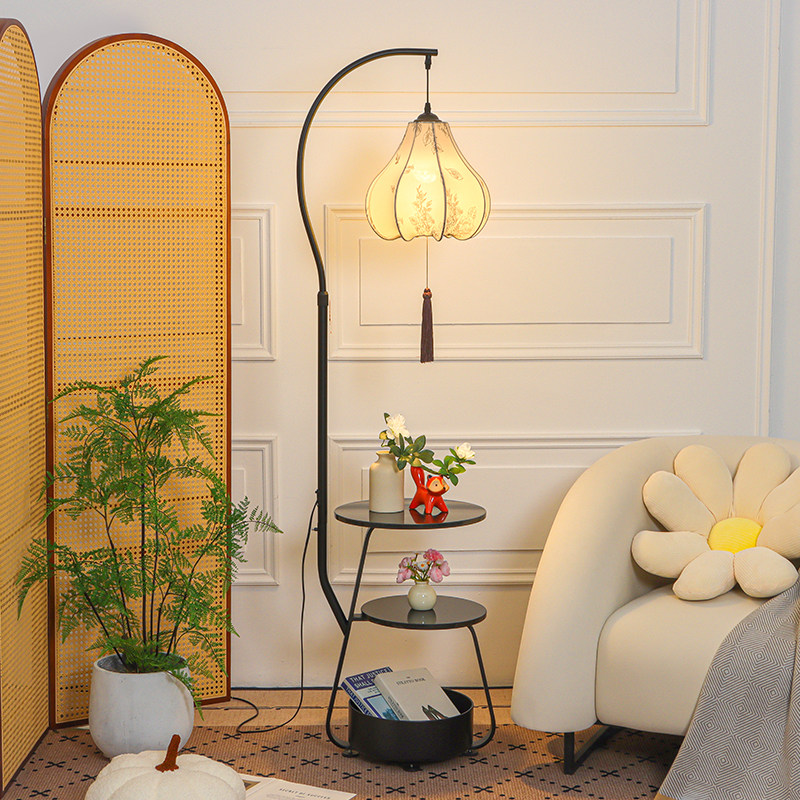 宋式美学落地灯客厅沙发旁边中式复古置物架一体卧室氛围装饰台灯