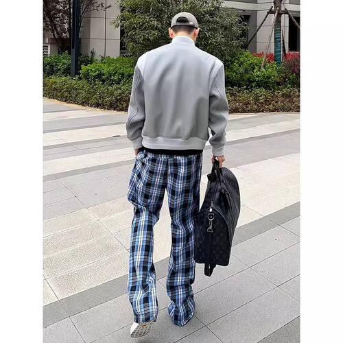 复古蓝色格子裤男宽松直筒裤子男夏季潮牌vibe高街美式百搭情侣裤