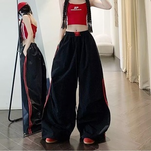 高级黑红痞帅条纹休闲阔腿裤大码胖子宽松垂感抽绳松紧腰运动裤子