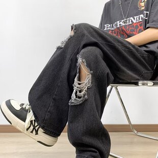 高街胖子大码男款牛仔裤宽松春秋季休闲vibe破洞长裤潮牌直筒黑色