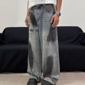 胖子宽松直筒牛仔裤 蓝色2026破洞做旧风牛仔裤 男百搭高街水洗大码