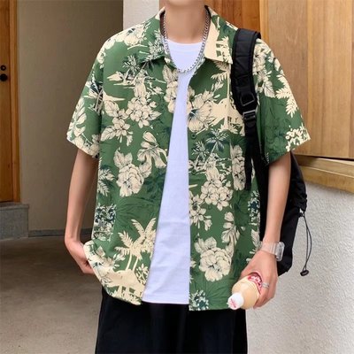 潮牌大码花卉满印短袖衬衫