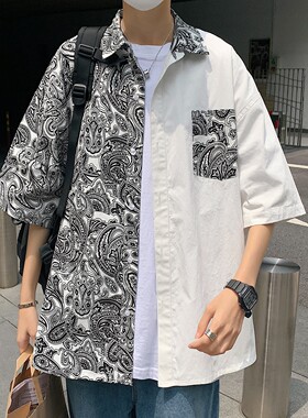 鸳鸯拼接腰果花短袖衬衫男夏装加肥加大码潮胖人宽松休闲上衣外套