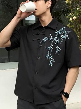 古风夏季竹子刺绣衬衫男生韩版潮流百搭宽松大码胖子BF五分袖上衣