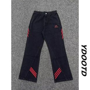 拼接斜杠条纹红黑牛仔裤港风ins显瘦微高街裤子大码胖子工装长裤