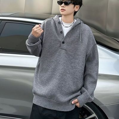 高街大码胖子纯色连帽针织衫男款秋冬时尚学生连帽高级感痞帅毛衣