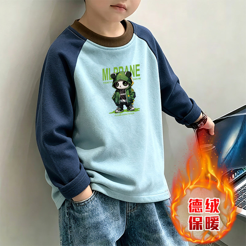 美式儿童长袖德绒T恤男童春秋插肩袖宽松圆领拼色上衣内搭打底衫