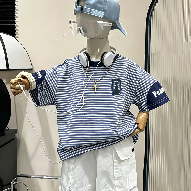 韩版撞色男童条纹短袖T恤夏季中大童洋气百搭男孩休闲半袖上衣潮t