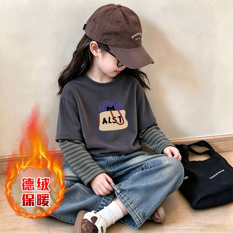 女大童德绒假两件长袖t恤