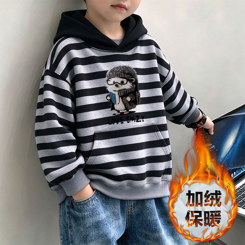 男童加绒加厚连帽卫衣秋冬