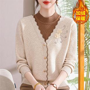 妈妈装秋冬新中式一体绒打底衫厚毛衣女加绒内搭保暖中老年女上衣