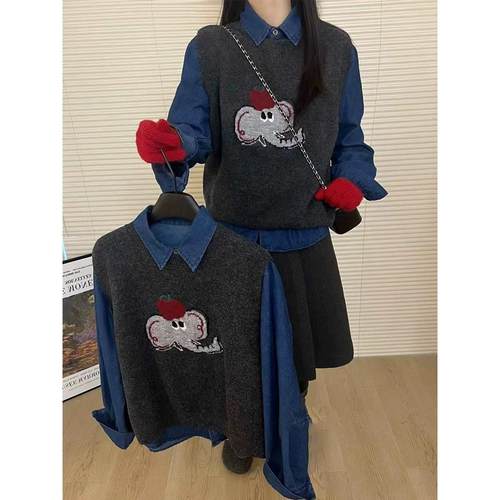 韩系卡通图案针织马甲女单件马甲