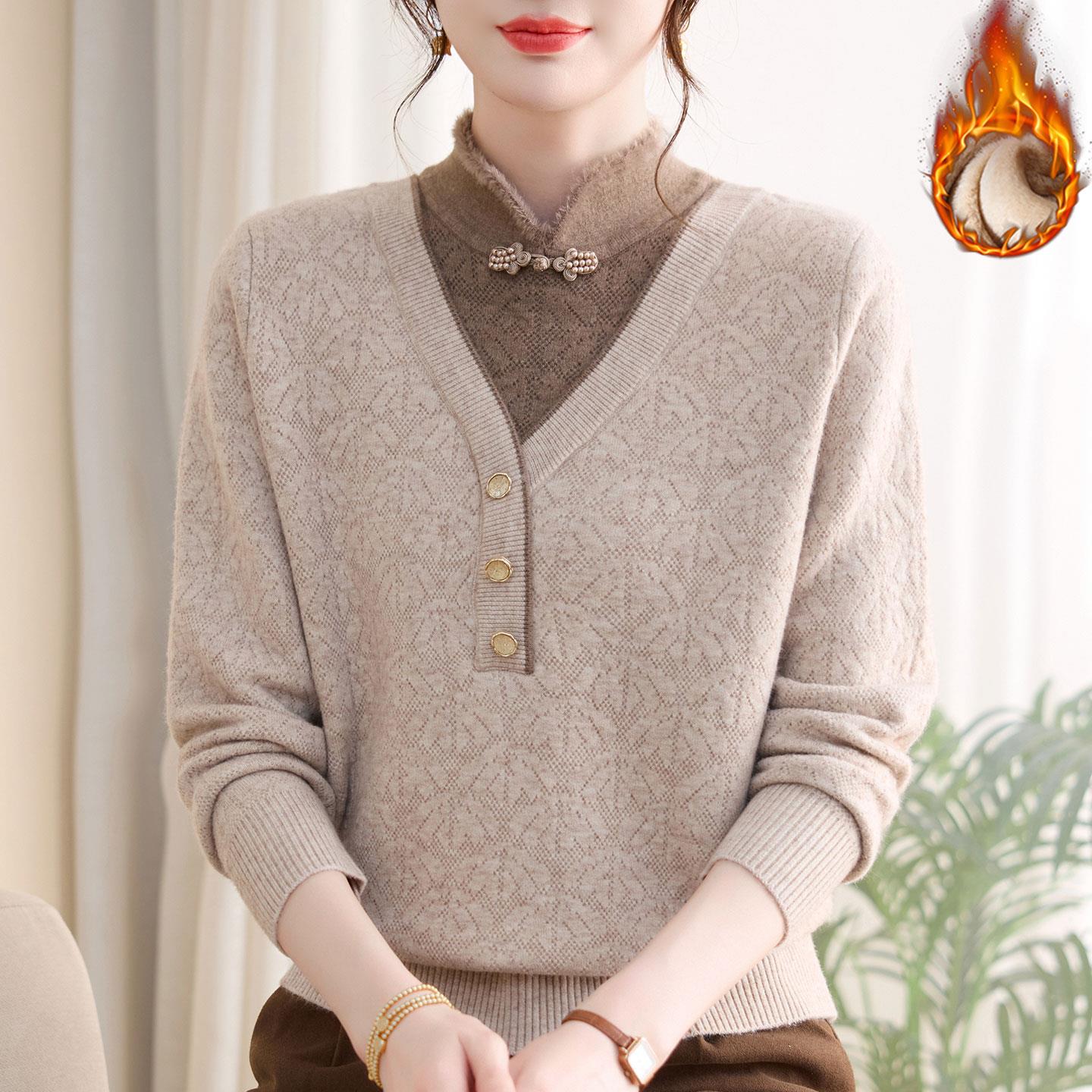 新中式妈妈冬装假两件加绒毛衣50岁中年女国风针织内搭保暖打底衫