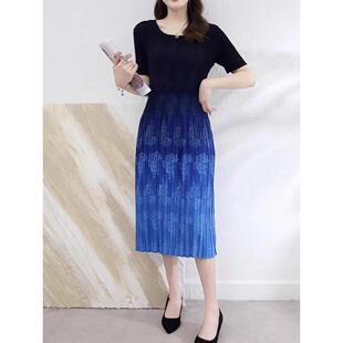 中年时尚 宽松显瘦大码 弹力过膝长裙 夏褶皱圆领复古连衣裙短袖 新款