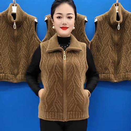 秋冬水貂绒马甲外套翻领拉链时尚百搭弹力显瘦女新款妈妈毛毛上衣