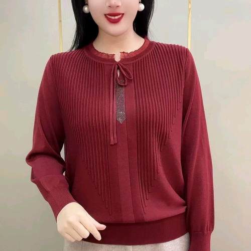 年轻妈妈装蕾丝花边天丝针织衫上衣女春秋新款减龄显瘦中老年小衫