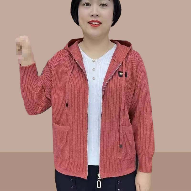 2023春秋季新款中老年妈妈女装针织开衫上衣连帽拉链毛衣女士外套