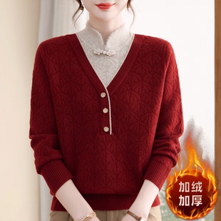 中老年女装妈妈毛衣冬季加绒加厚一体绒打底衫宽松洋气保暖上衣