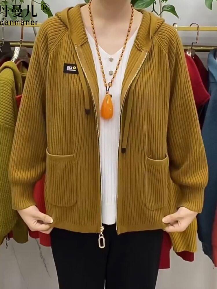洋气时尚妈妈装针织连帽外套女秋冬中老年竖条纹休闲拉链上衣开衫