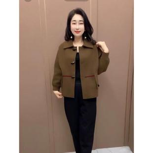 新款短款长袖针织翻领单排扣开衫连肩长袖羊角扣纺双面绒女外套厚