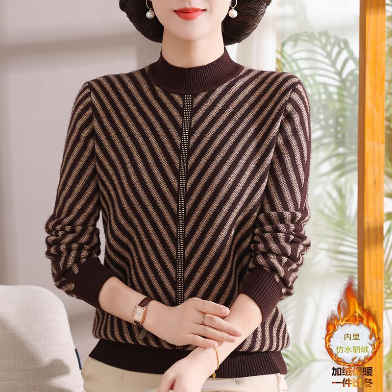 妈妈冬装2024新款加绒加厚针织打底衫中老年女洋气一体绒毛衣
